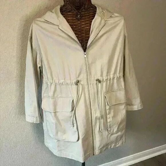 ASOS gray/tan hooded maternity cinch waist lightweight summer coat cotton sz 4 - Picture 4 of 6